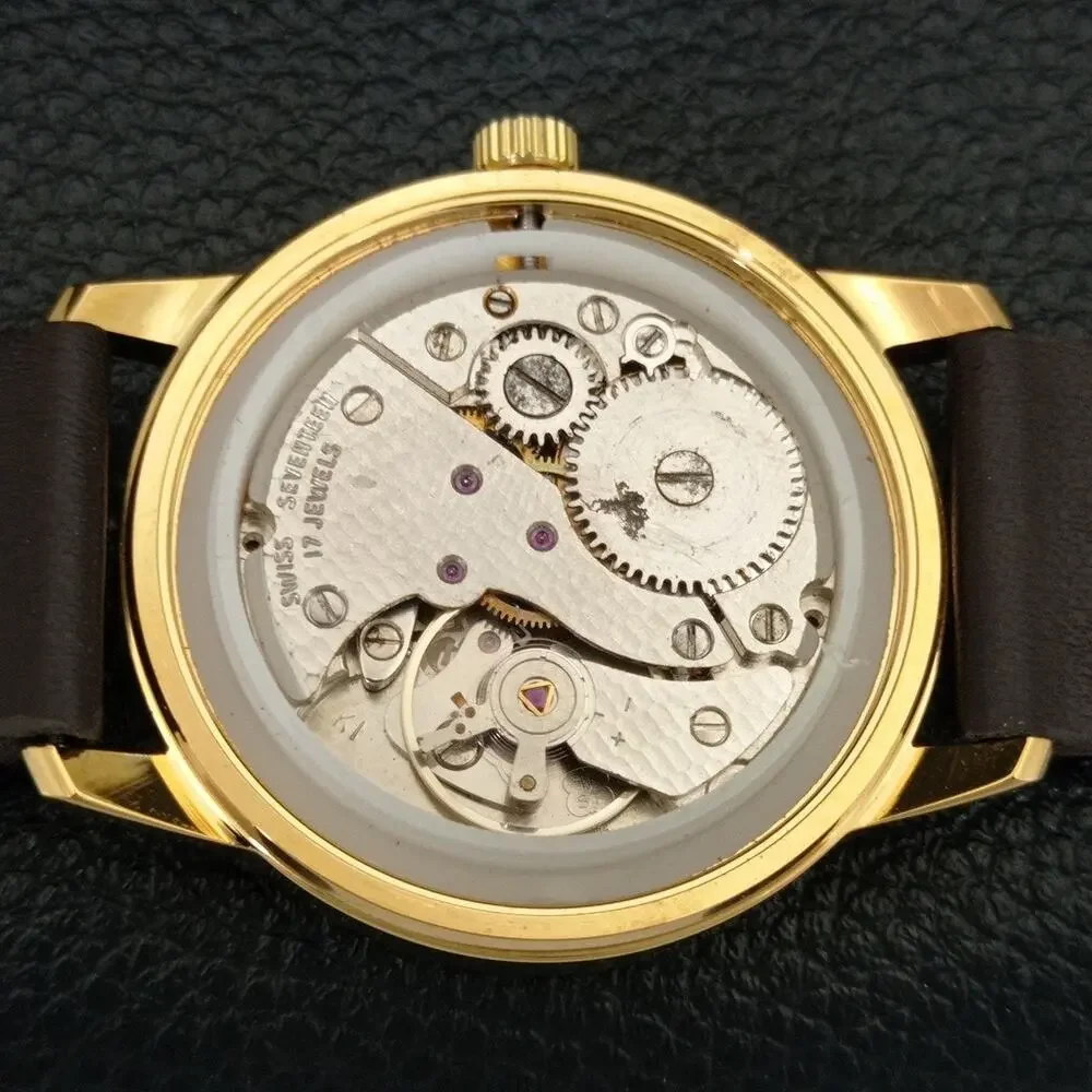 Vintage 1977 Roamer Manual Mens Gold Watch W/Leather Strap & Red accents